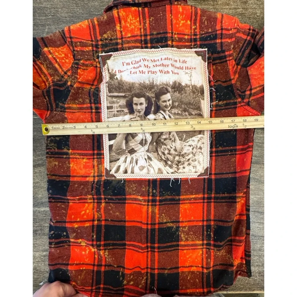 Angry Minnow Brushed Flannel Acid Splatter Red Plaid Size Small Met Later Life - Picture 7 of 10